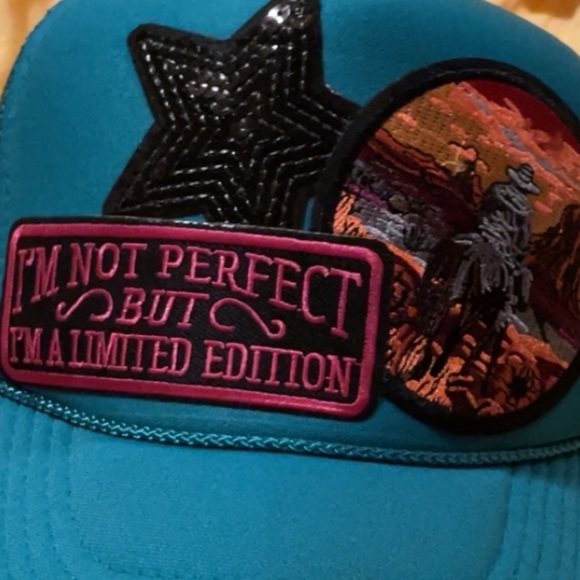 Custom made Trucker Hat! Cowgirl Sunset Turquoise‎ Sequin Star I’m not perfect…